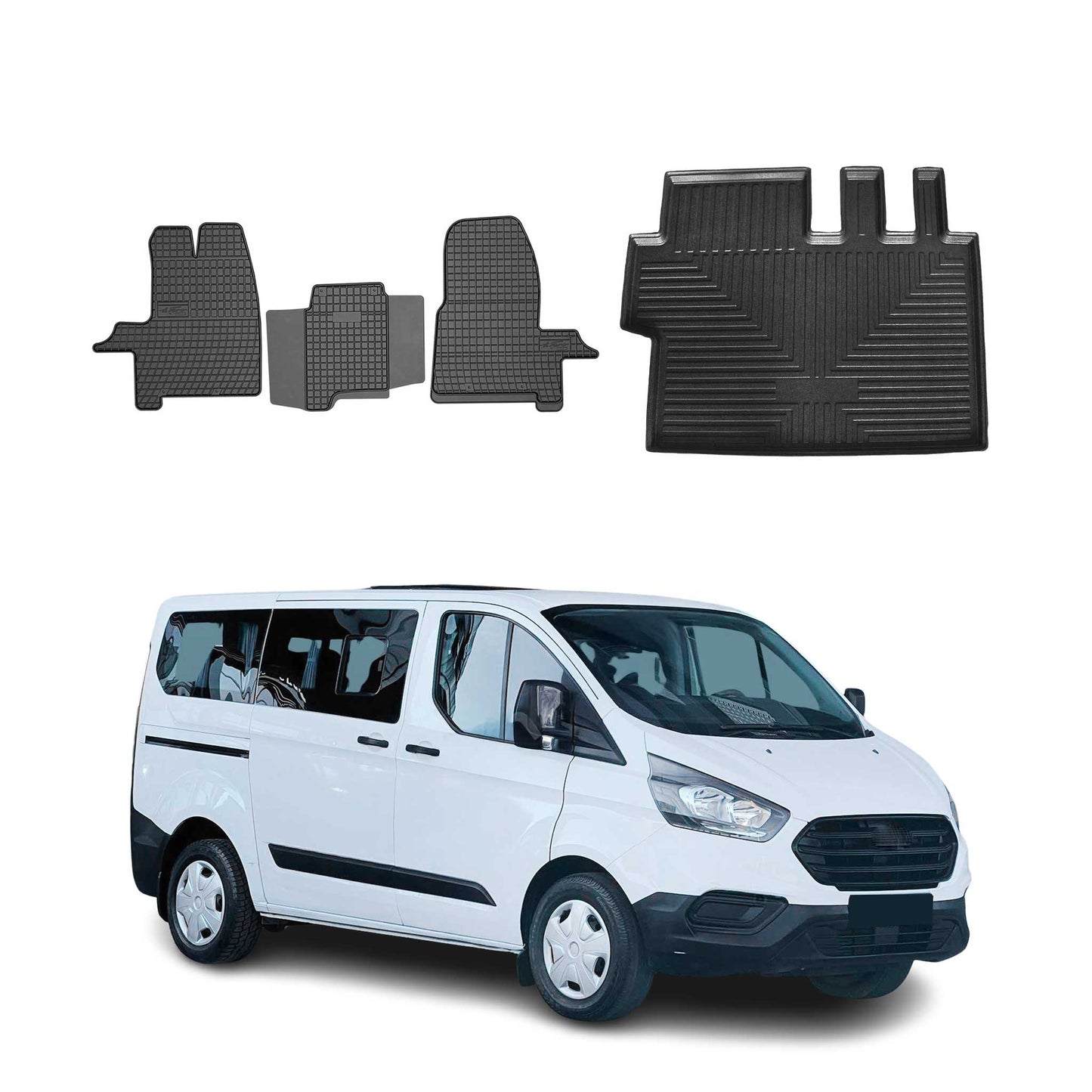 Set covorașe și tapițerie portbagaj pentru Ford Tourneo Custom 2012-2024, cauciuc TPE, 4x