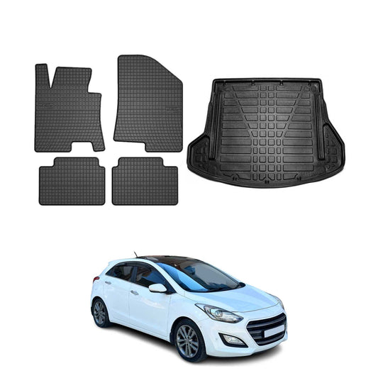 Fußmatten & Kofferraumwanne Set für Hyundai i30 Kombi 2012-2016 Gummi Schwarz 5x