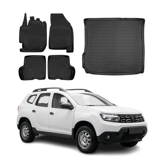 Set covorașe și tapițerie portbagaj pentru Dacia Duster 2017-2024, cauciuc TPE, negru, 5x