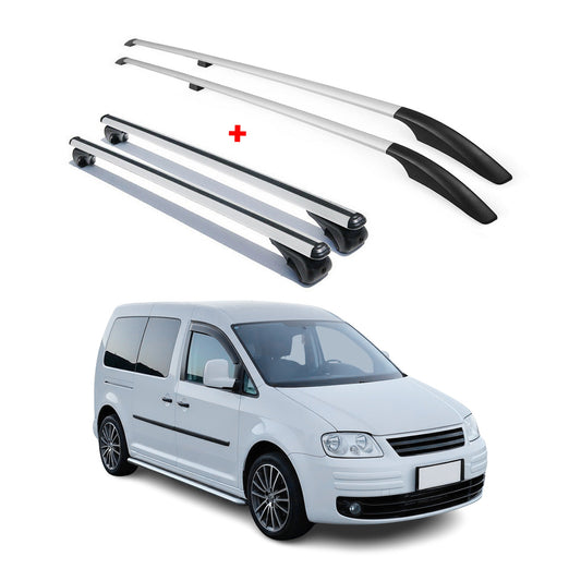 Dachreling + Dachträger SET für VW Caddy 2003-2015 L2 Langer Alu Silber 4tlg