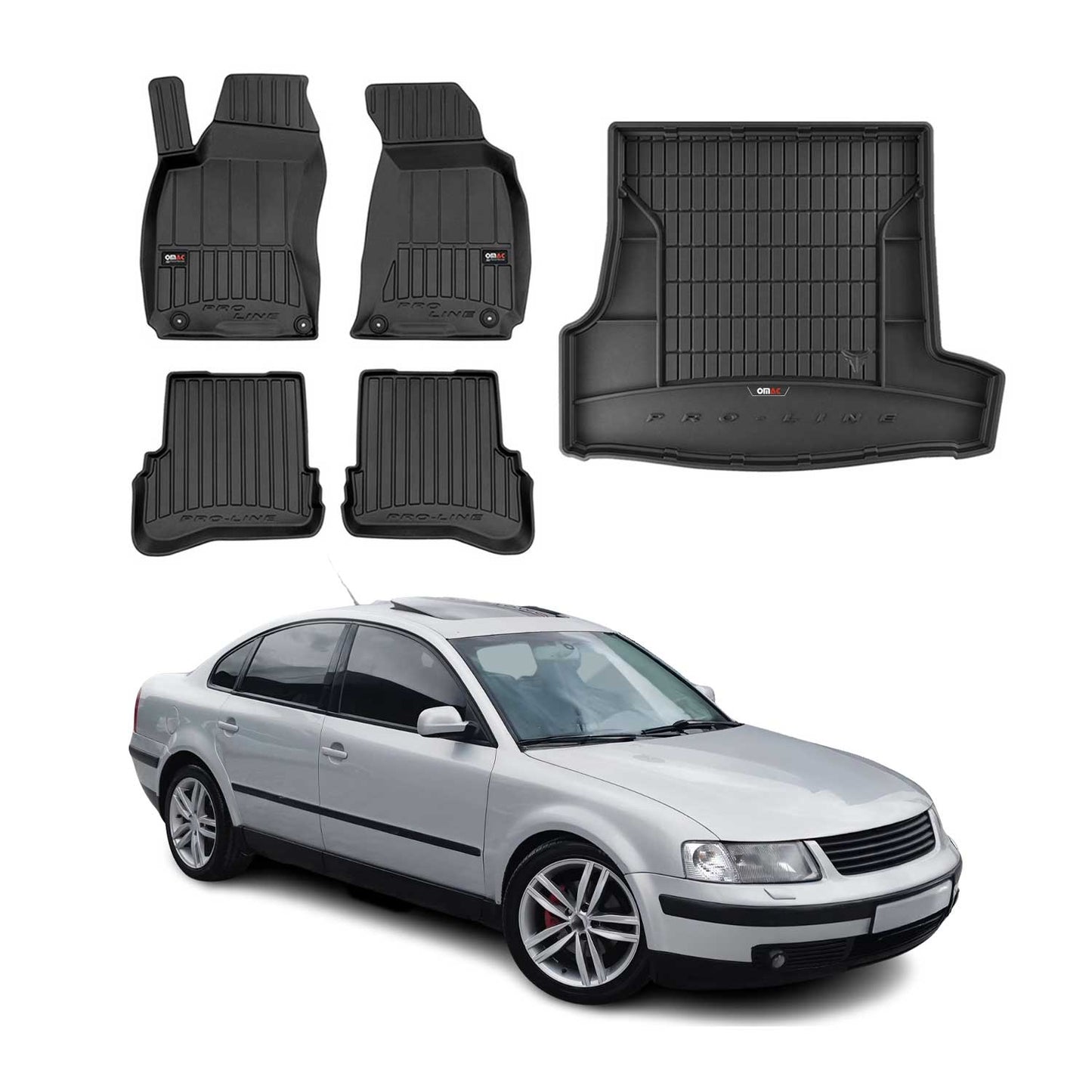 OMAC Fußmatten & Kofferraumwanne Set für VW Passat B5 1996-2005 Gummi Schwarz 5x