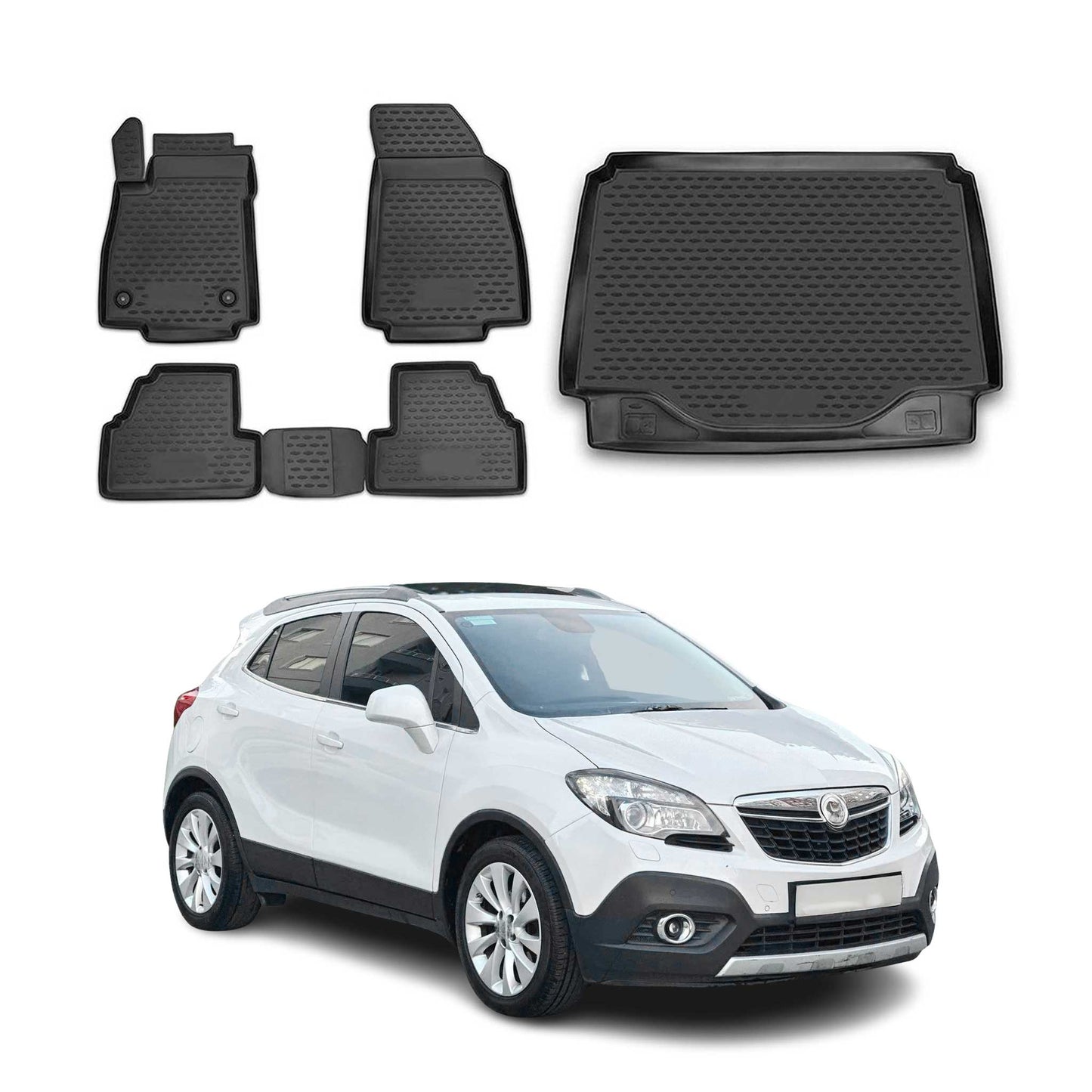 Set covorașe și tapițerie portbagaj pentru Opel Mokka X 2012-2020, cauciuc TPE, negru, 5 buc.