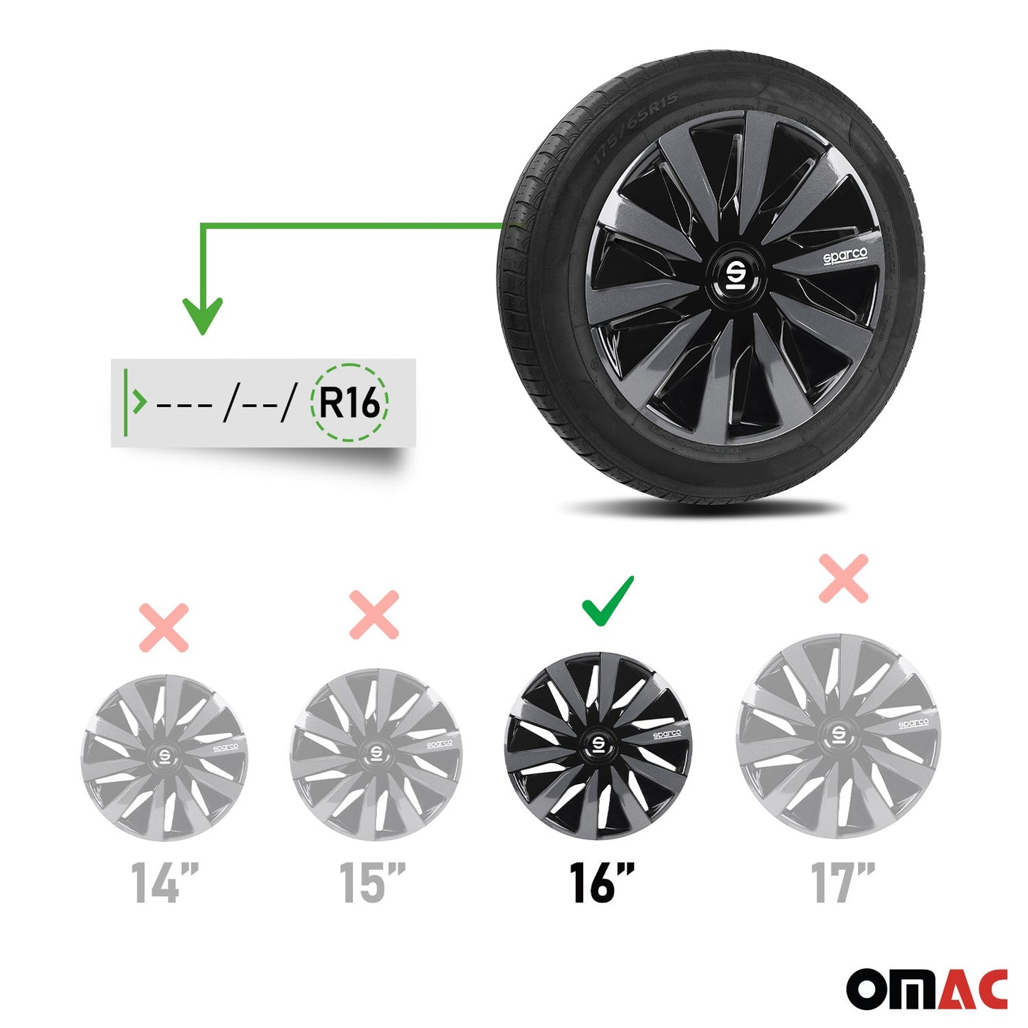 Radkappen Radzierblenden Sparco Lazio 16" Zoll Abdeckung Set Schwarz Grau 4x