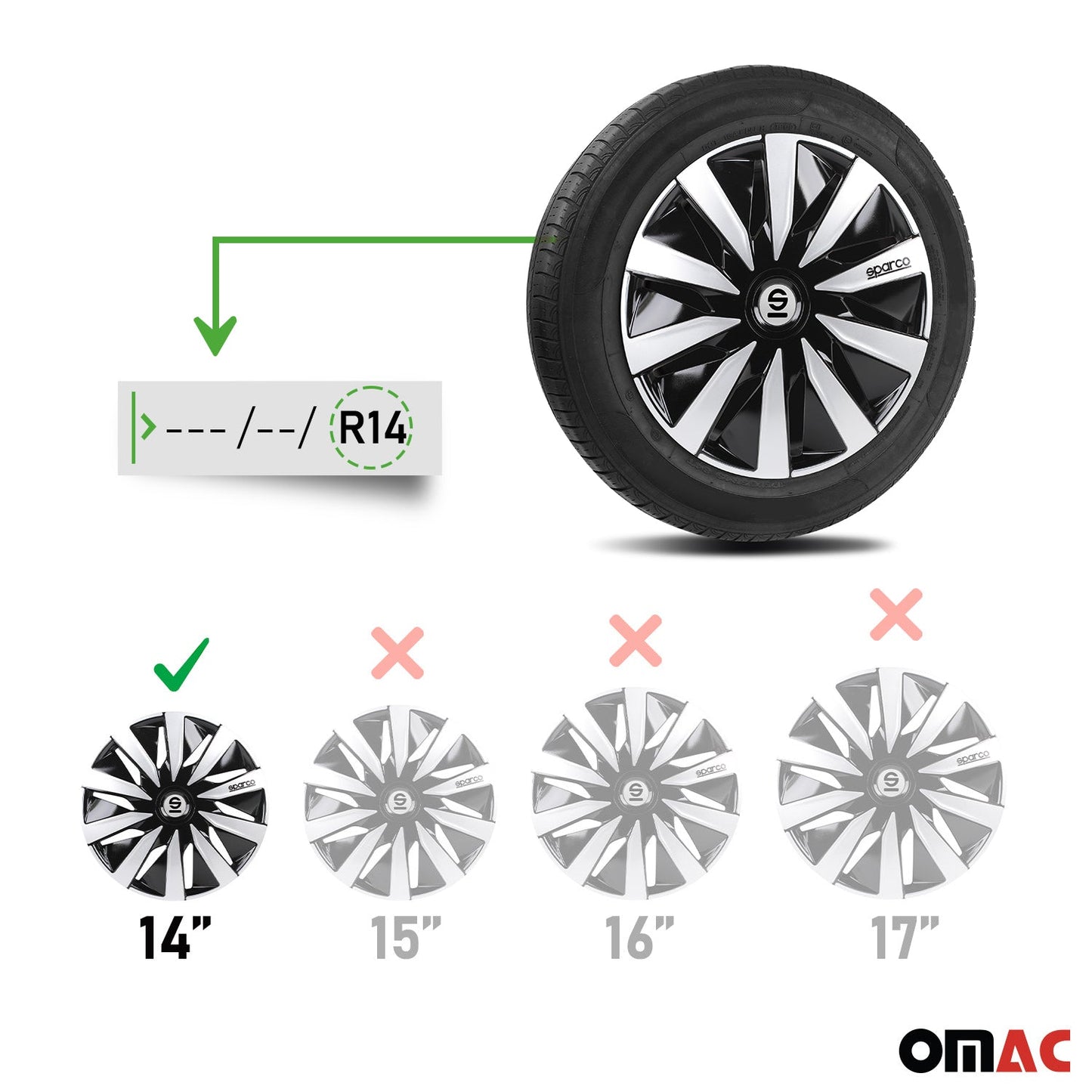 Radkappen Radzierblenden Sparco Lazio 14" Zoll Abdeckung Set Schwarz Silber 4x