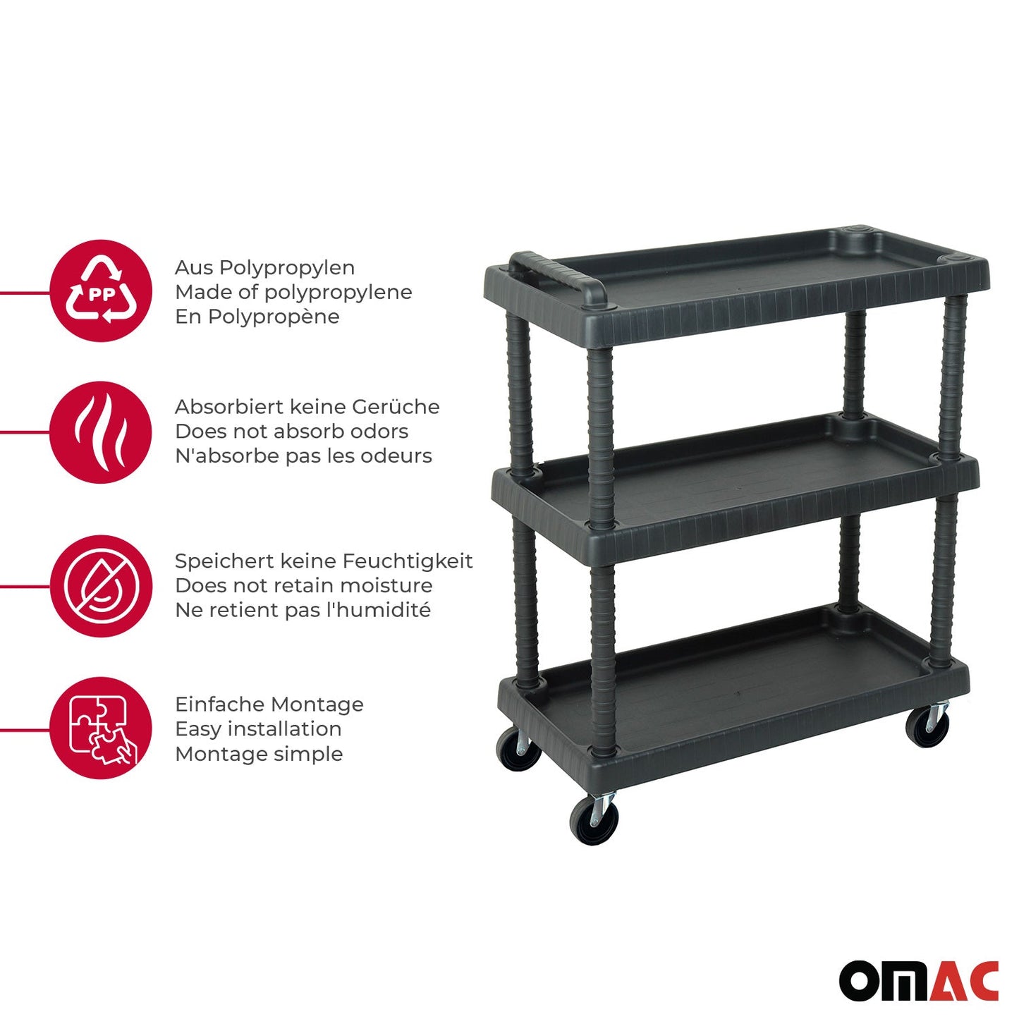 Rollwagen 3 Etagen Rollen Trolley Werkstattwagen Montagewagen Schwarz 40 kg