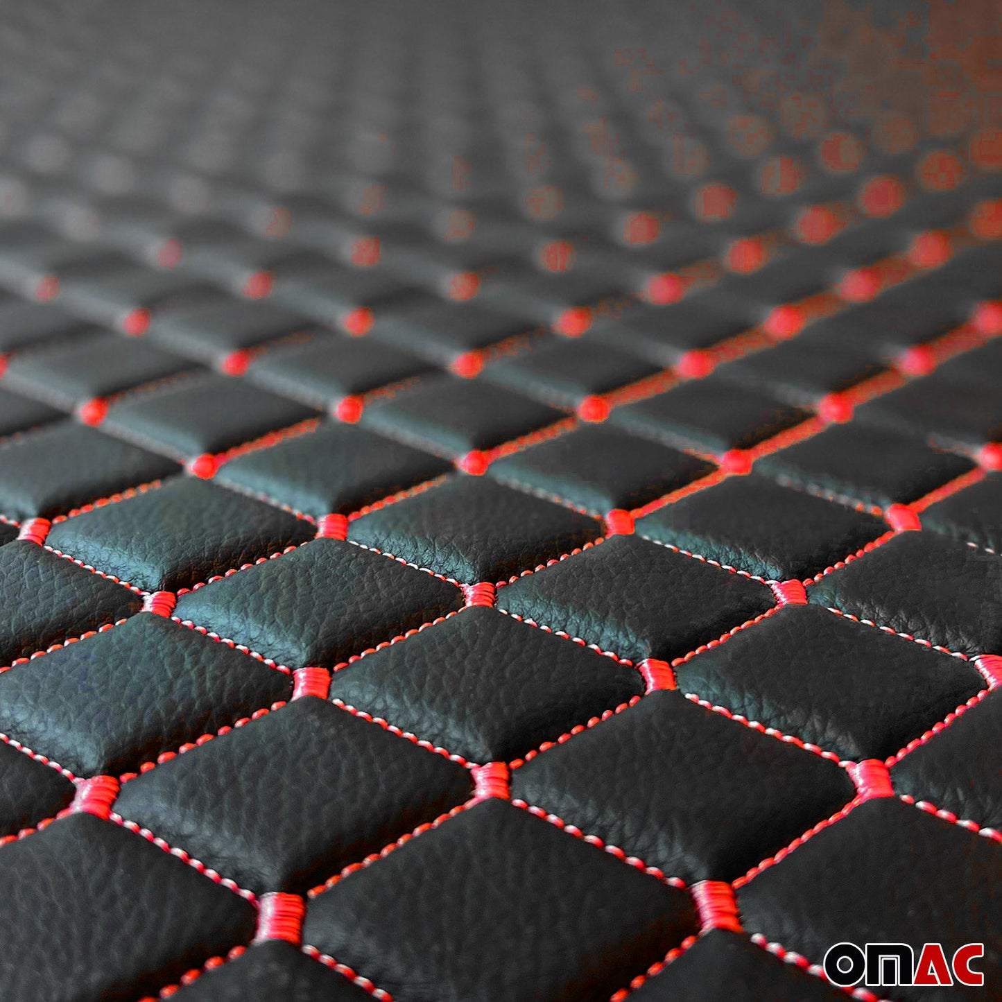 140 cm x 100 cm Tłoczona czarna sztuczna skóra, czerwony ścieg diamentowy, tapicerka samochodowa