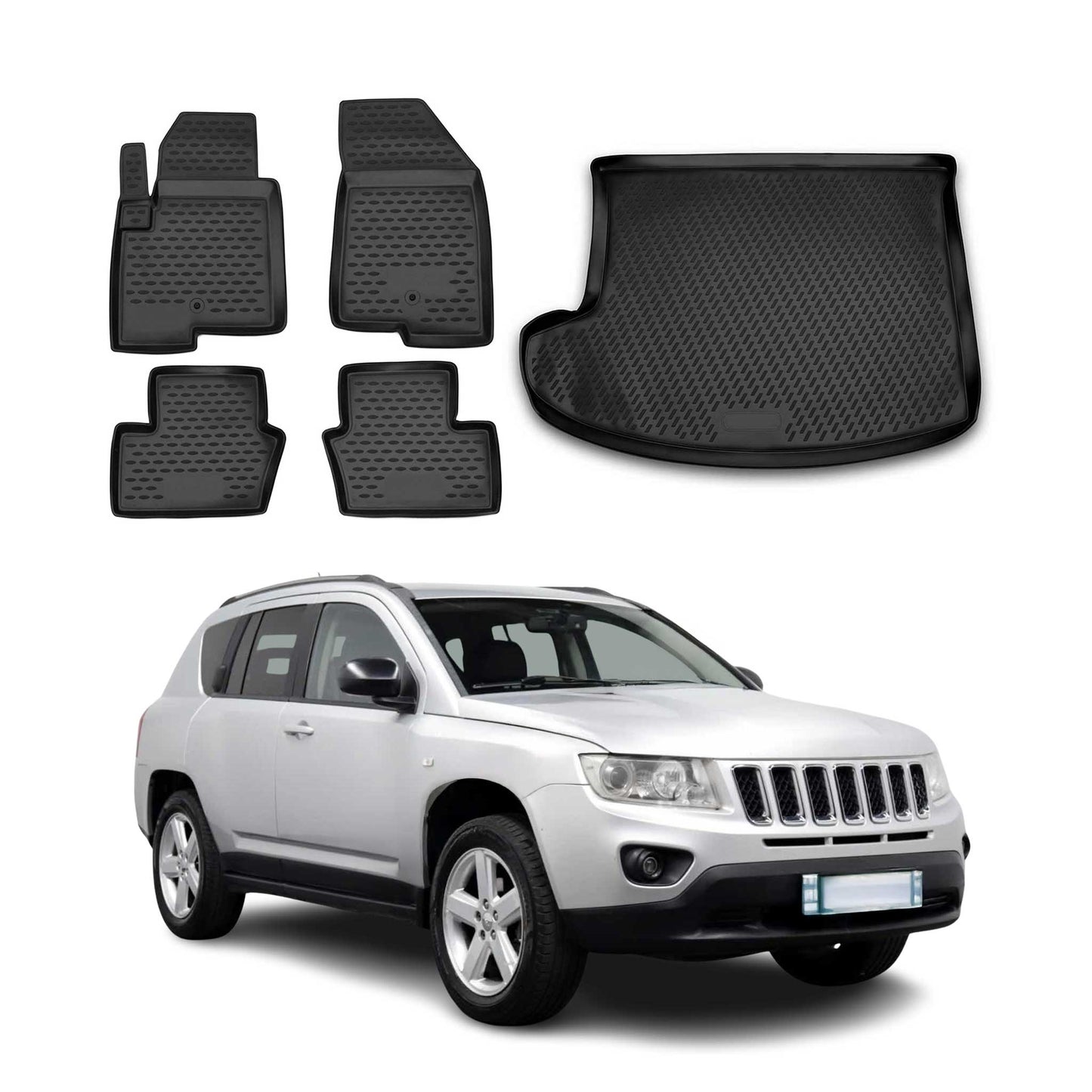 Set covorașe și tapițerie portbagaj pentru Jeep Compass 2011-2016, cauciuc TPE, negru, 5x