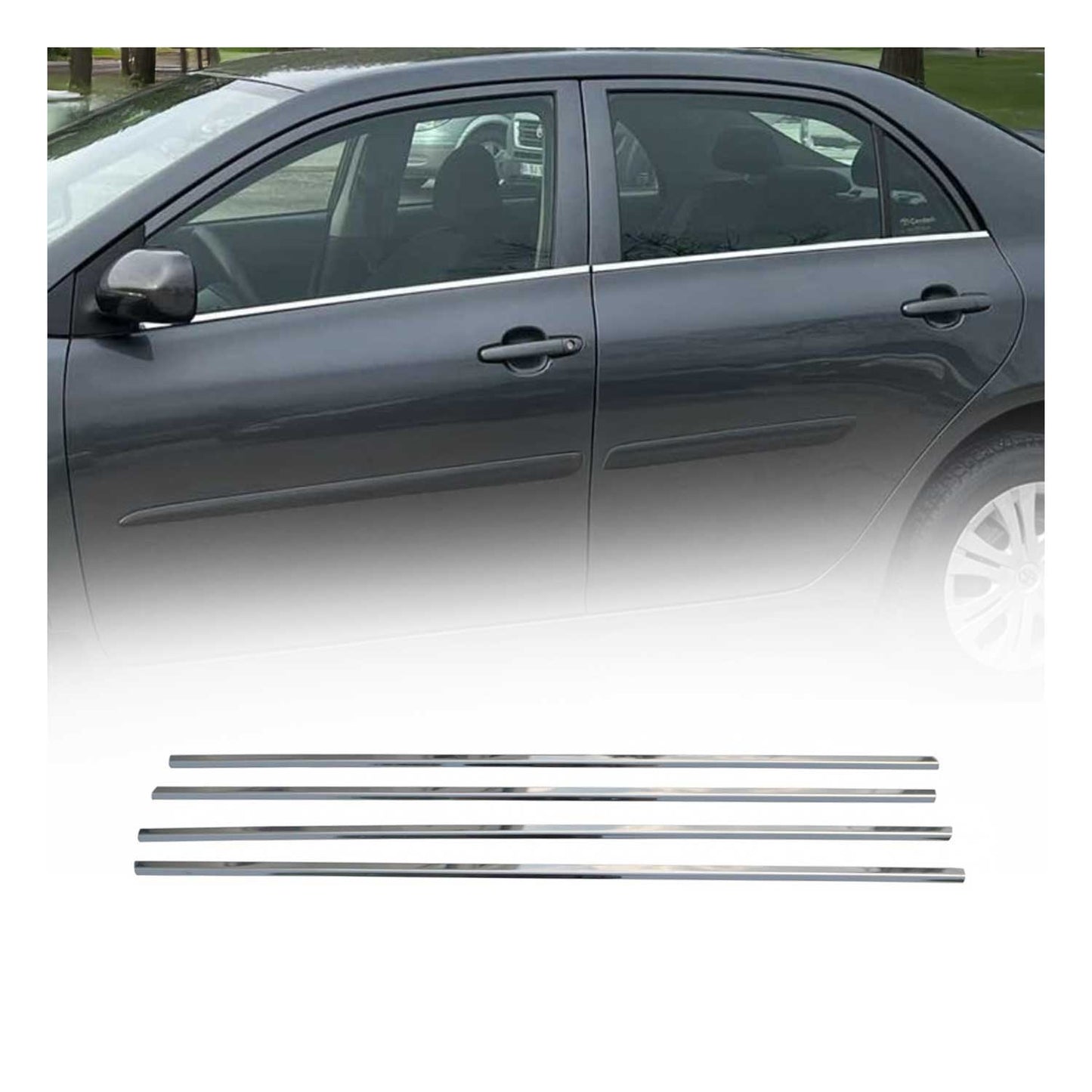Benzi decorative pentru geamuri pentru Toyota Corolla 2007-13 sedan, oțel inoxidabil, set 4 piese