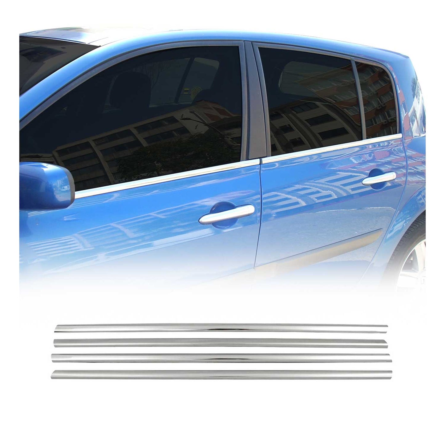 Benzi decorative pentru geamuri pentru Renault Megane 2002-2009 hatchback, cromate, set 4 piese