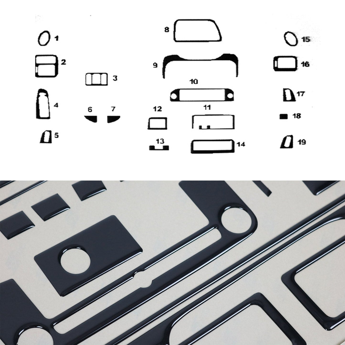 Ornamente interioare cockpit pentru Honda Civic 1995-2000, aspect negru piano, 19 piese