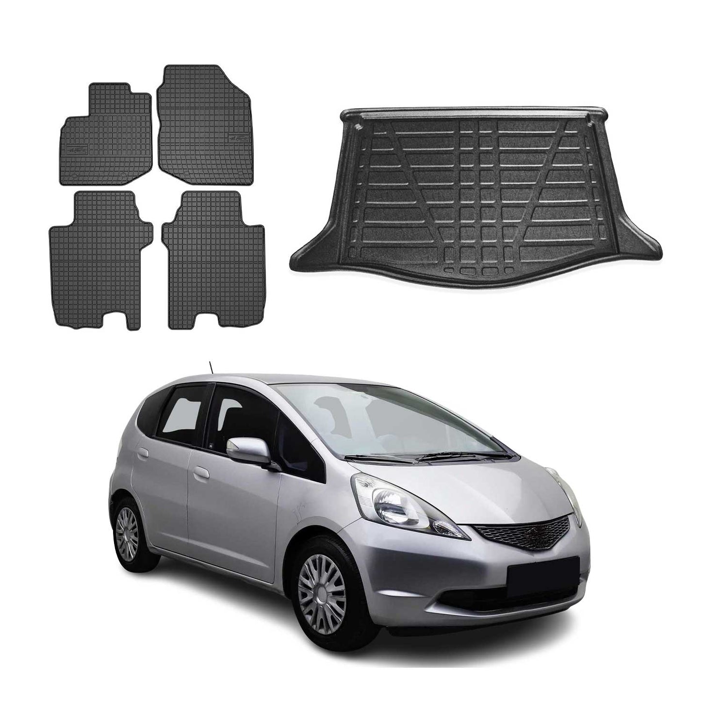 Set covorașe și căptușeală portbagaj pentru Honda Jazz 2008-2015, cauciuc TPE, negru, 5x
