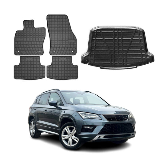 Set covorașe și tapițerie portbagaj pentru Seat Ateca 2016-2025, cauciuc TPE, negru, 5x