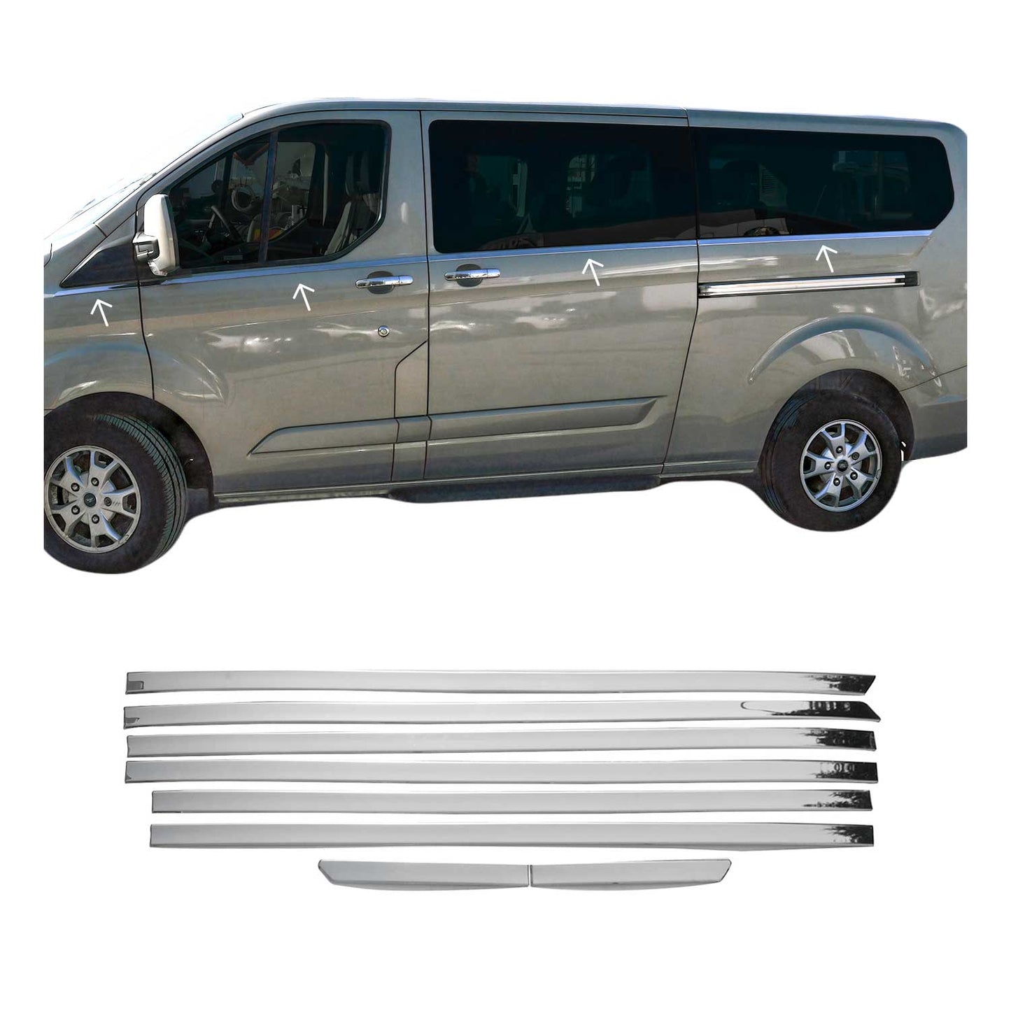 Benzi decorative pentru geamuri Ford Tourneo Custom V362 2013-2023, oțel, crom, 8 buc.