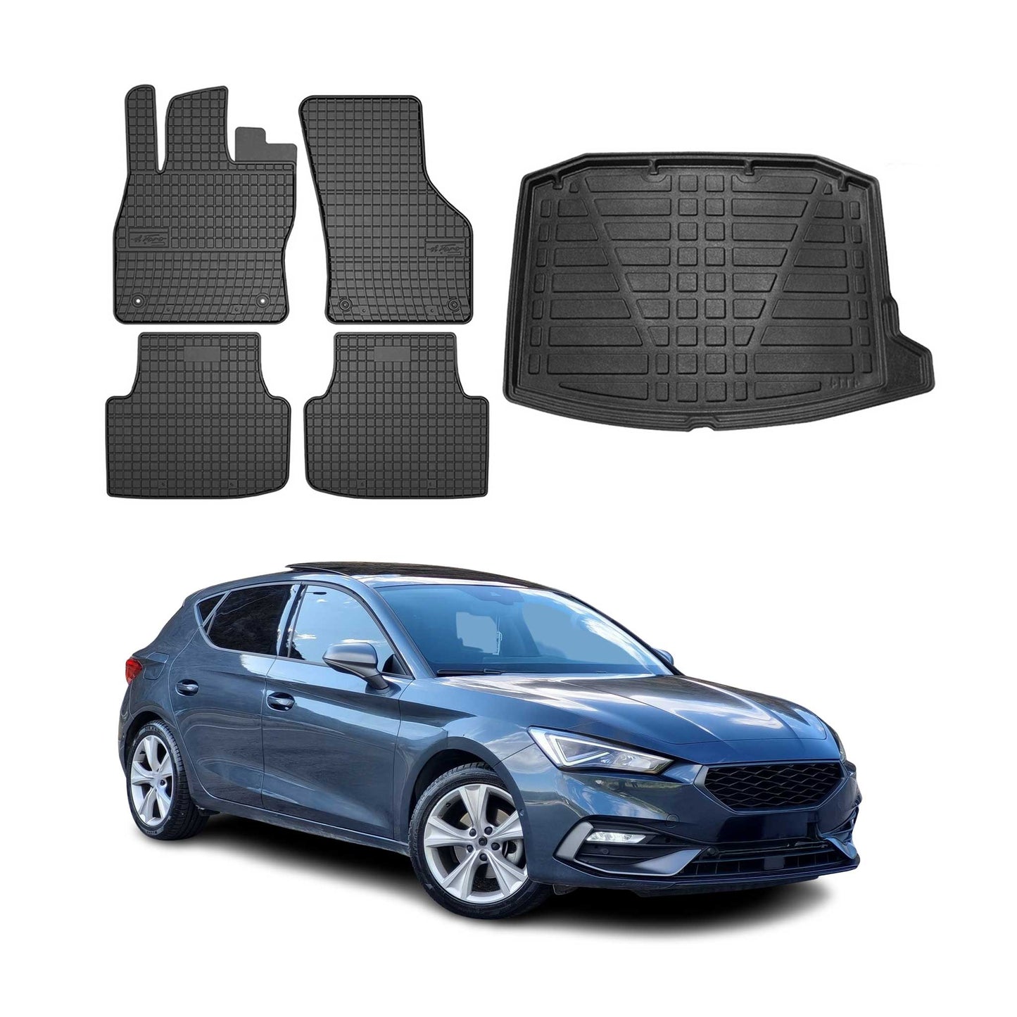 Set covorașe și tapițerie portbagaj pentru Seat Leon 2020-2025, cauciuc TPE, negru, 5x