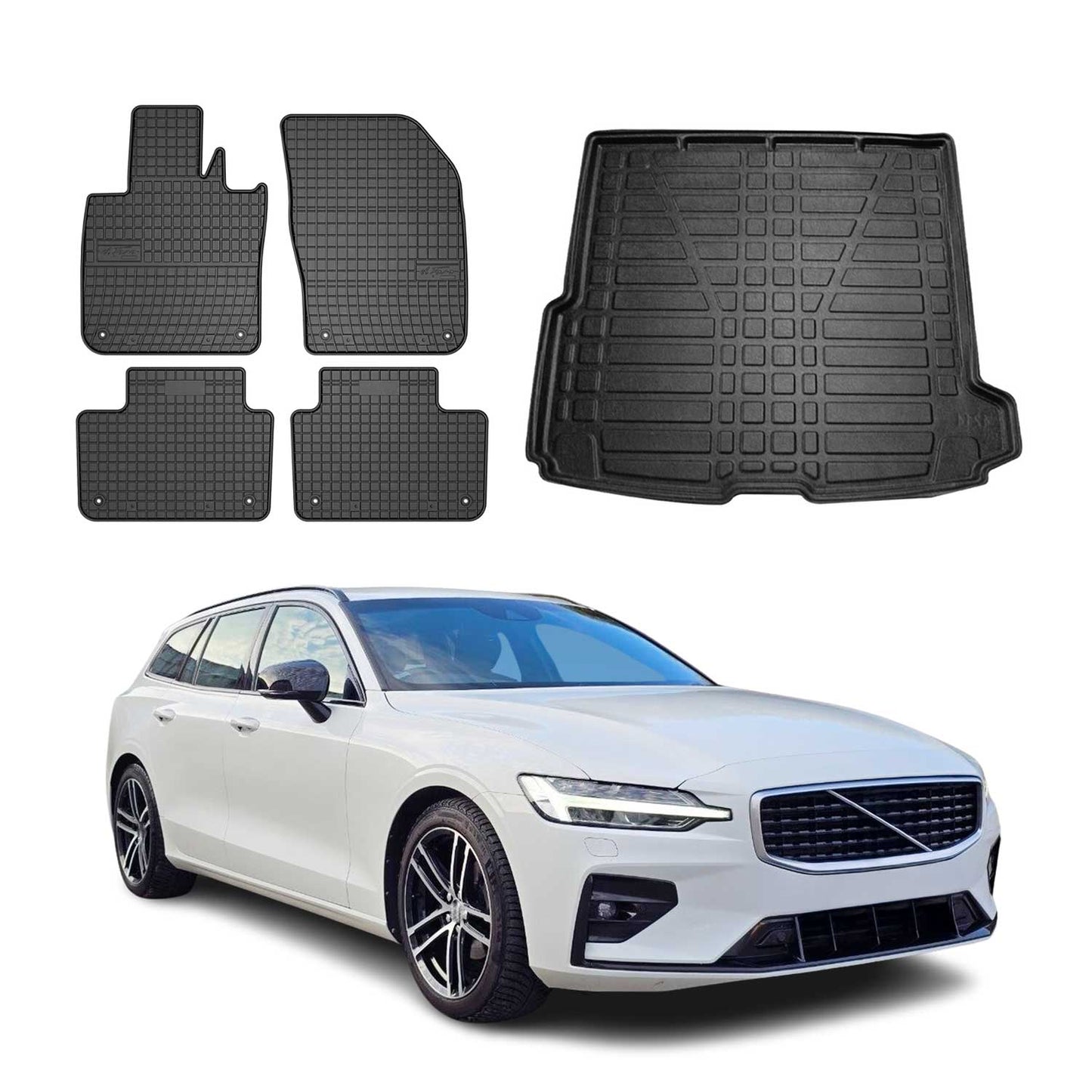 Fußmatten & Kofferraumwanne Set für Volvo V60 2017-2025 Gummi TPE Schwarz 5x
