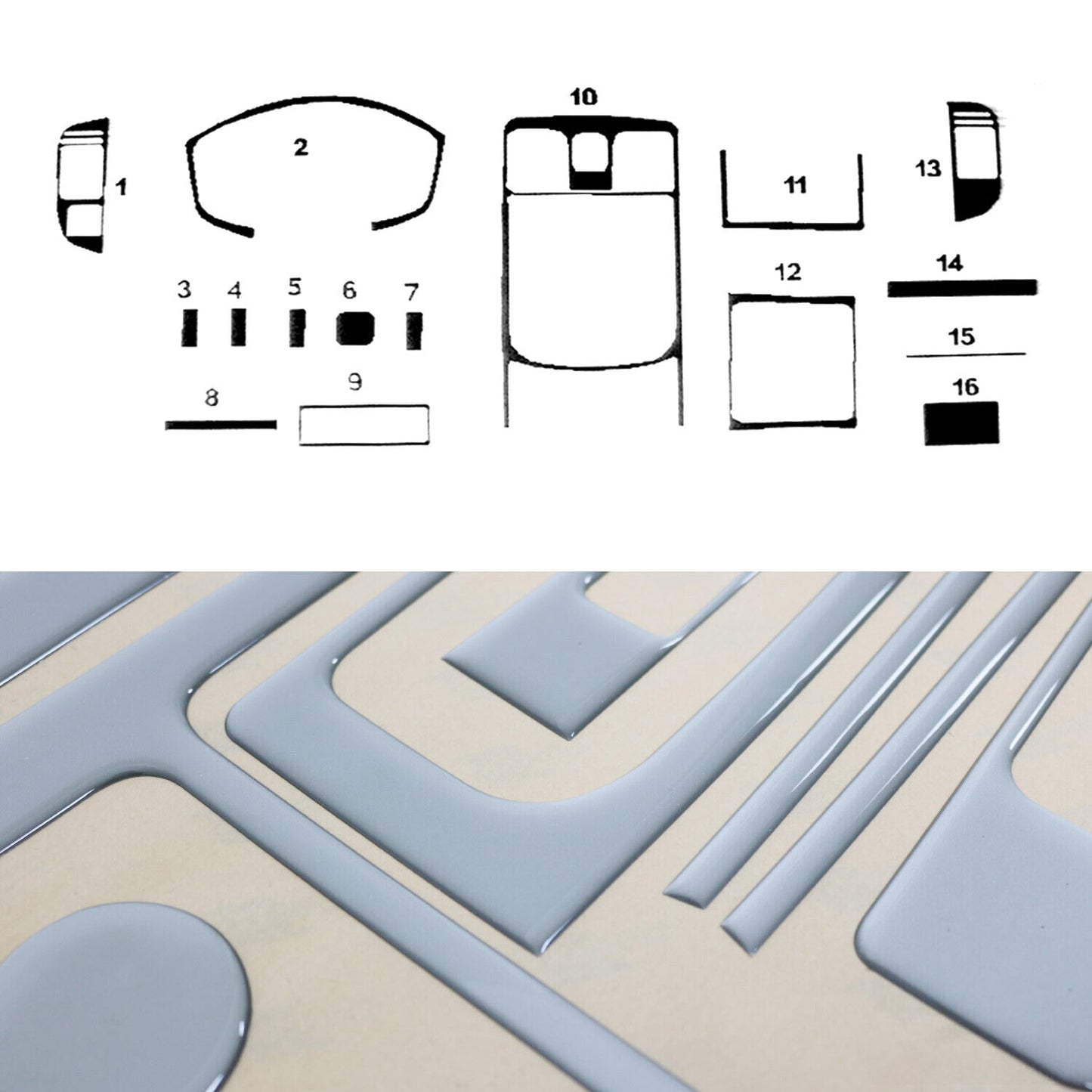 Ornamente interioare cockpit pentru Isuzu D-Max 2002-2008, aspect aluminiu, 16 bucăți