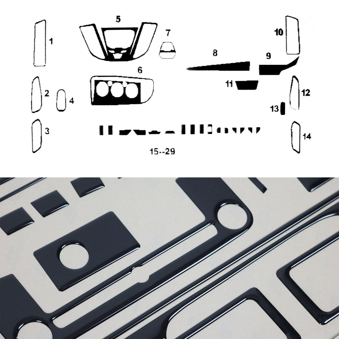 Ornamente interioare pentru cockpit pentru Ford Transit 2014-2025, aspect negru piano, 30 bucăți