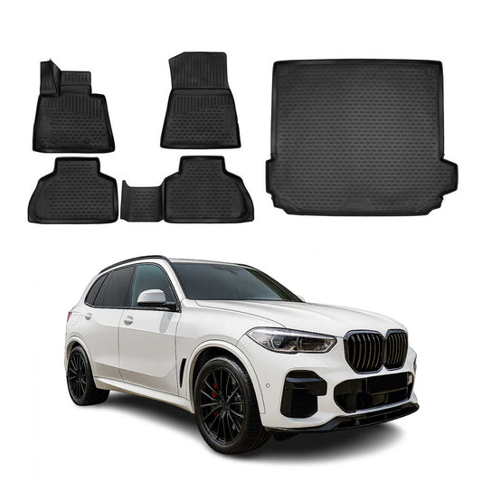 Set covorașe și tapițerie portbagaj pentru BMW X5 G05 2018-2025, cauciuc TPE, negru, 5x