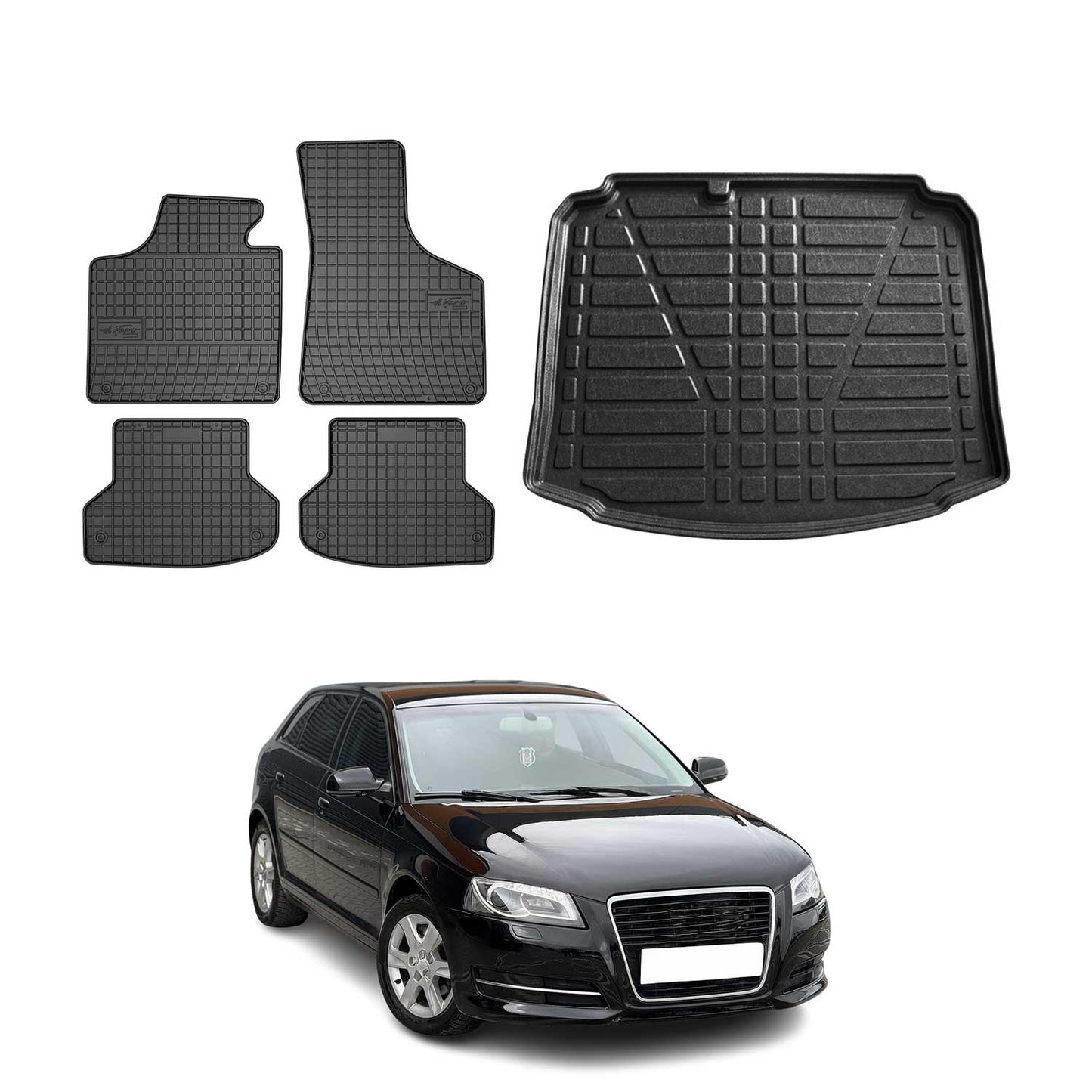 Set covorașe și portbagaj pentru Audi A3 8P Sportback 2004-2013, cauciuc, 5x