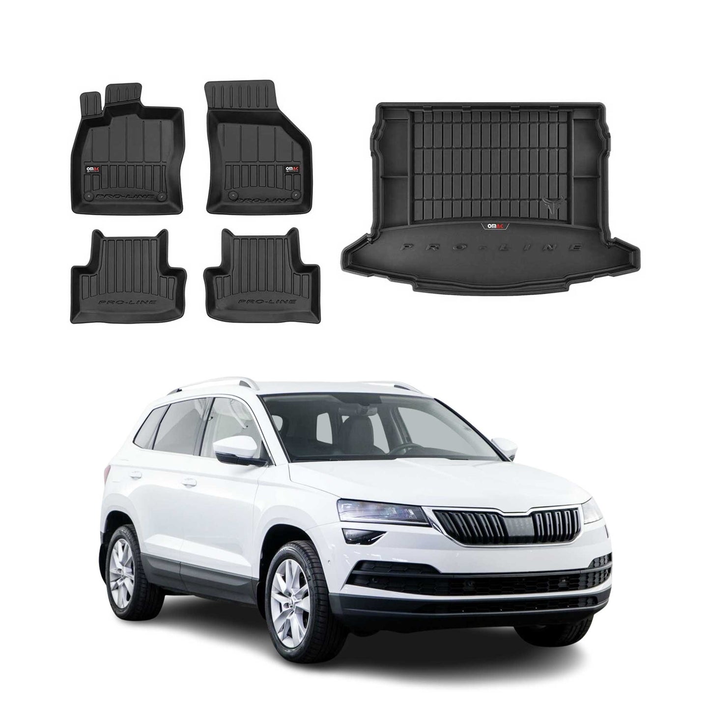 OMAC Fußmatten & Kofferraumwanne Set für Skoda Karoq 2017-2025 Schwarz Gummi 5x