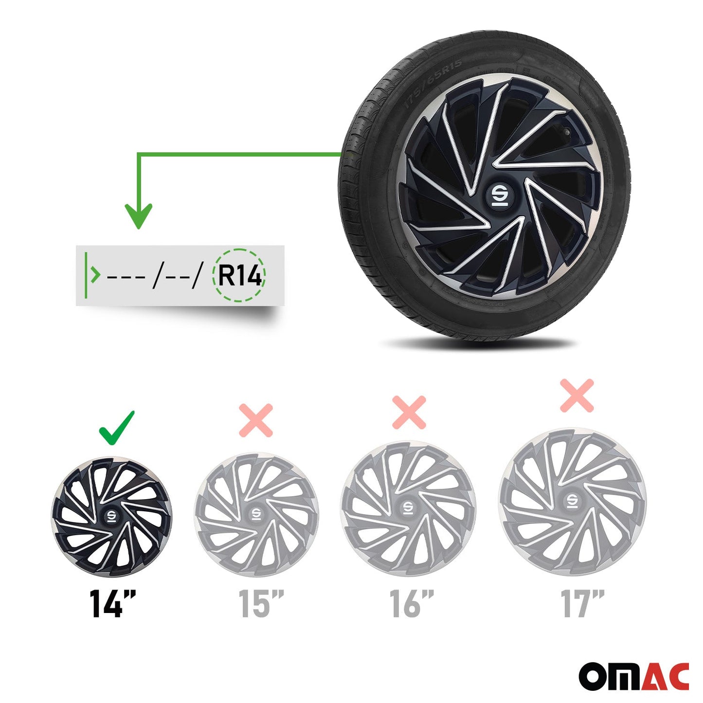 Radkappen Radzierblenden Sparco Varese 14" Zoll Abdeckung Set Silber Schwarz 4x