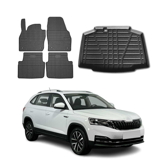 Set covorașe și tapițerie portbagaj pentru Skoda Kamiq 2020-2025, cauciuc TPE, negru, 5x