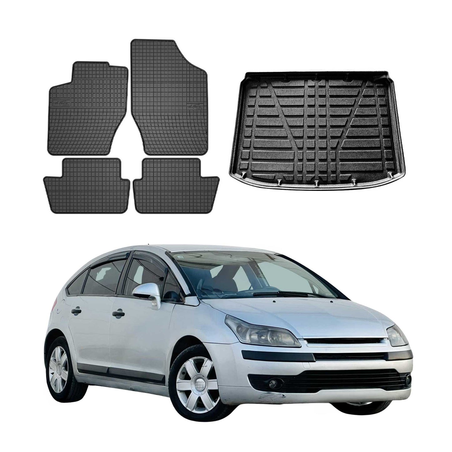 Fußmatten & Kofferraumwanne Set für Citroen C4 Schrägheck 2004-2010 Gummi 5x