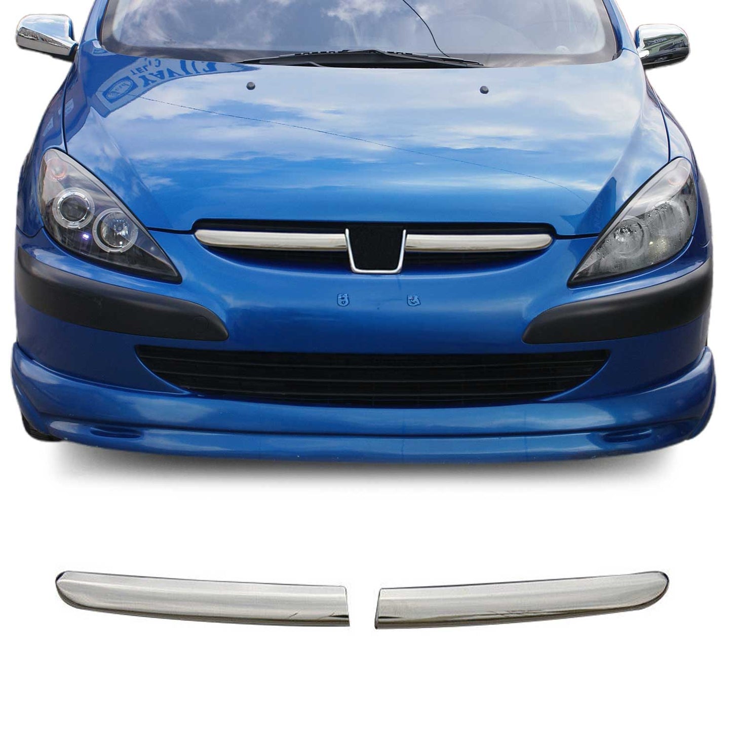 Benzi decorative grilă radiator pentru Peugeot 307 2001-2005, oțel inoxidabil, argintiu, 2 bucăți