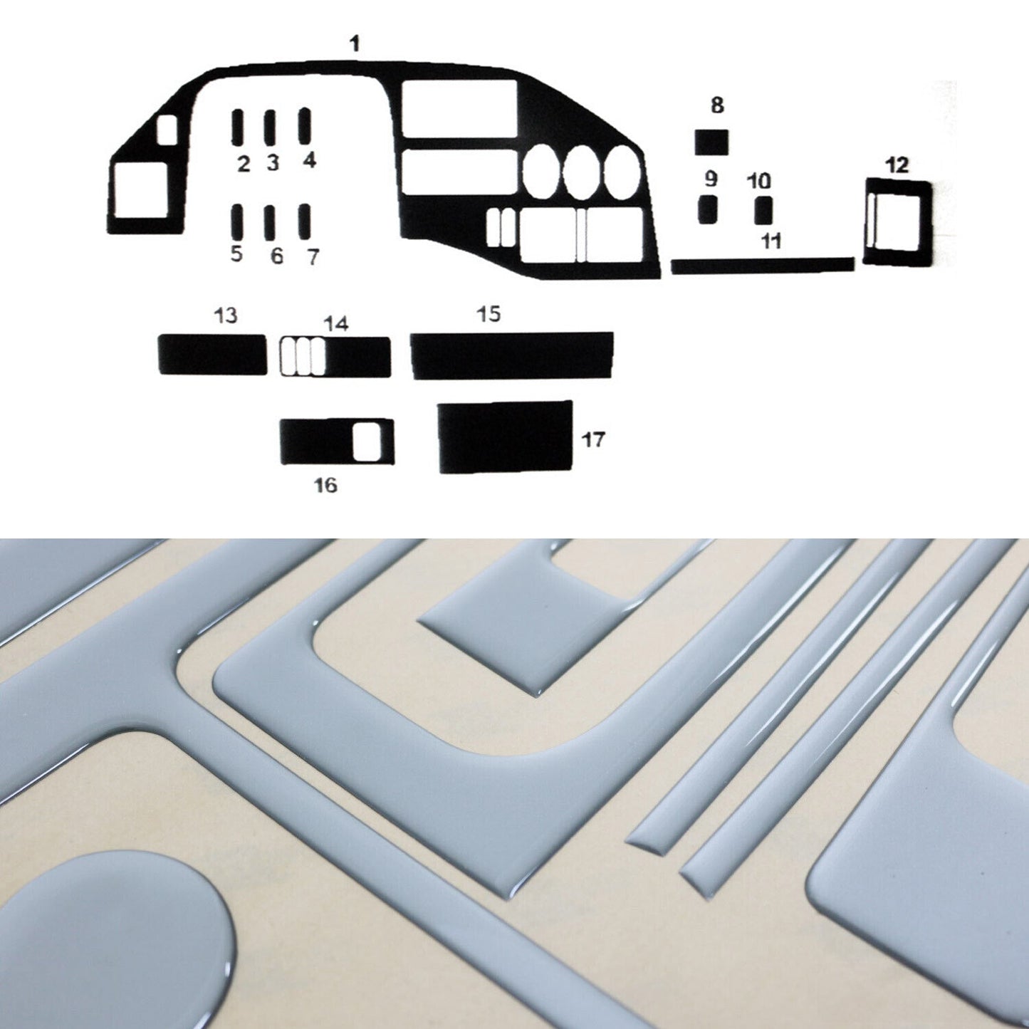 Ornamente interioare cockpit pentru Mercedes Sprinter 1995-2000, aspect aluminiu, 17 piese