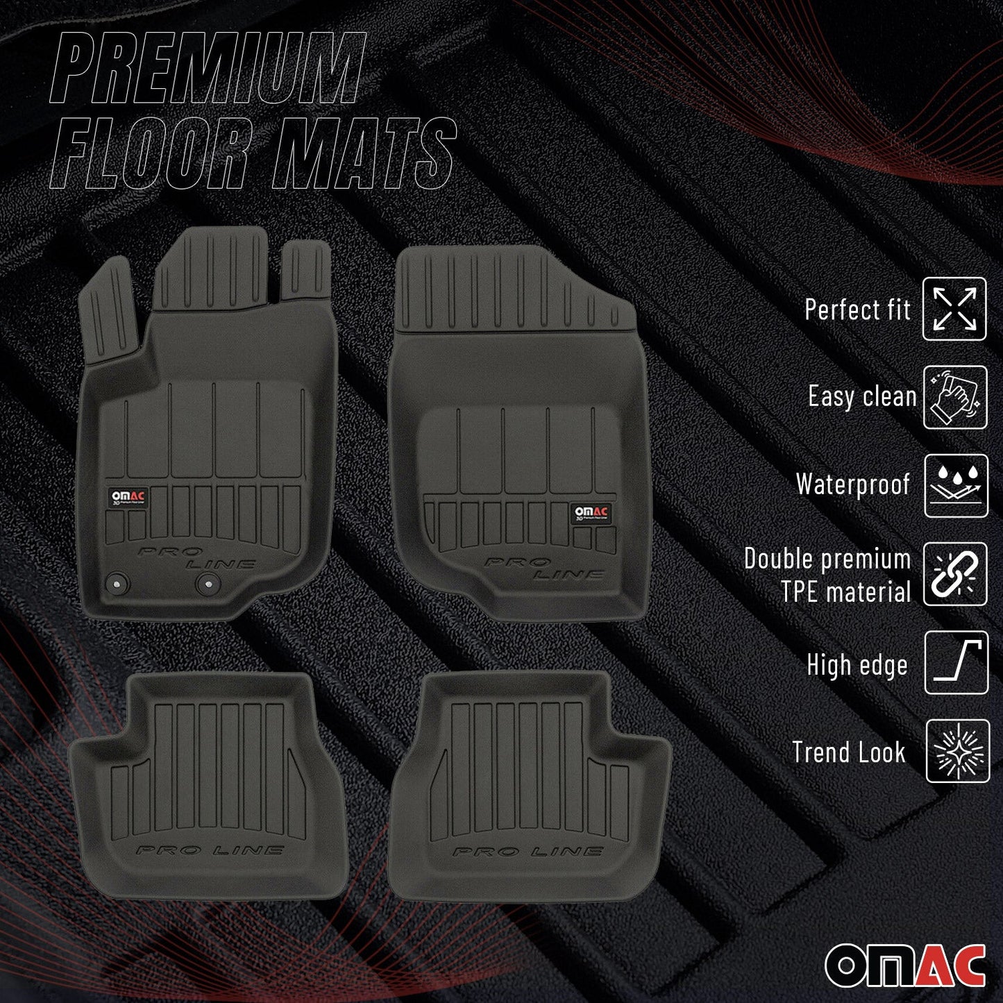 OMAC Gummi Fußmatten für Peugeot 207 2006-2012 Premium TPE Automatten Schwarz 4x