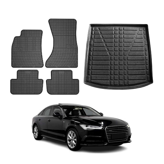 Fußmatten & Kofferraumwanne Set für Audi A6 Limo C7 2011-2018 Gummi Schwarz 5x