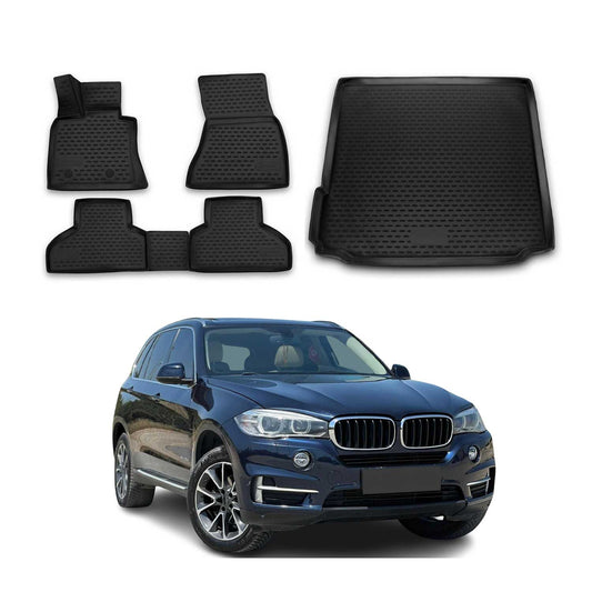 Set covorașe și tapițerie portbagaj pentru BMW X5 F15 F85 2013-2018, cauciuc, negru, 5x