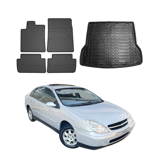 Fußmatten & Kofferraumwanne Set für Citroen C5 Break 2004-2008 Gummi Schwarz 5x