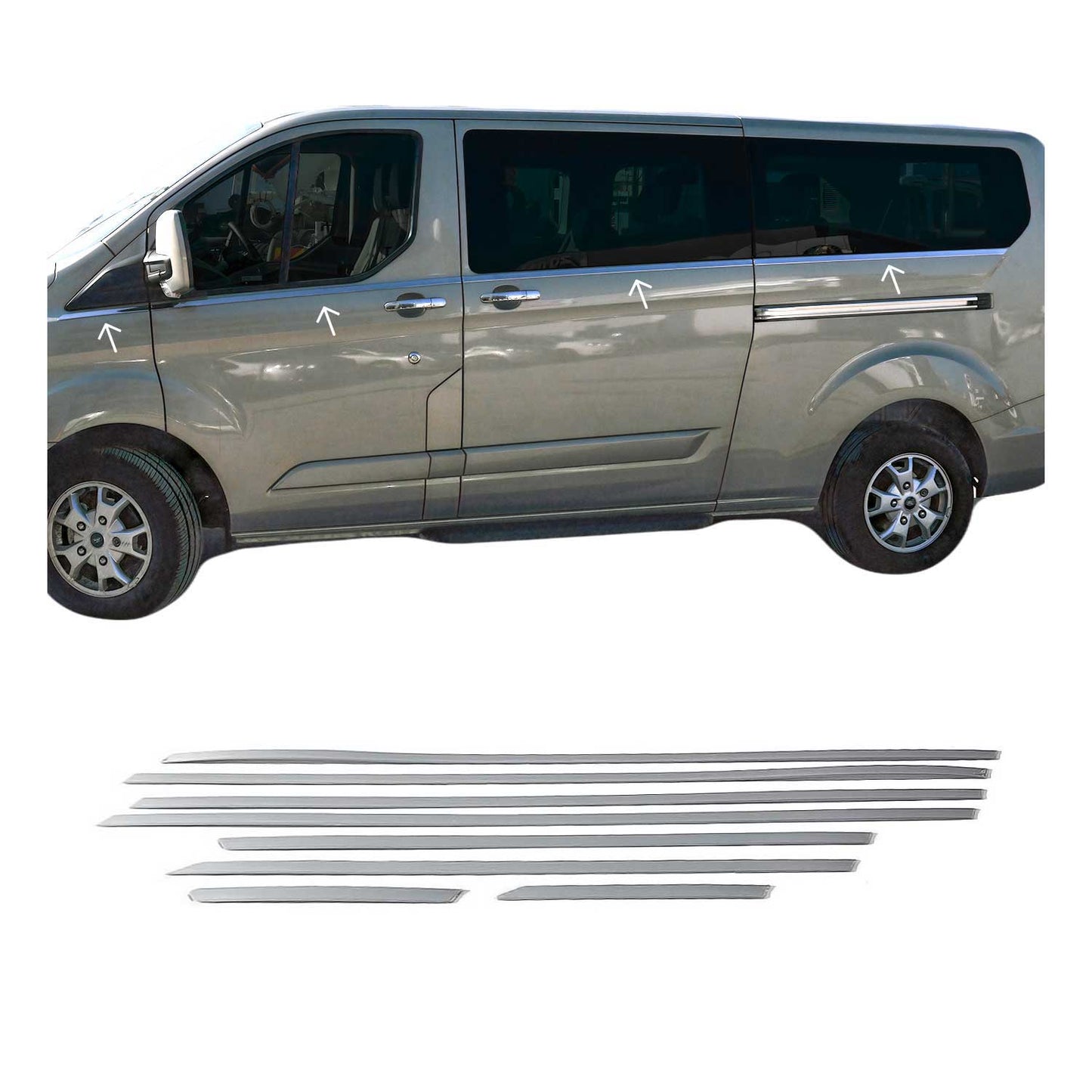 Benzi decorative pentru geamuri pentru Ford Tourneo Custom V362 2013-2023 L1 Chrome, set 8 piese