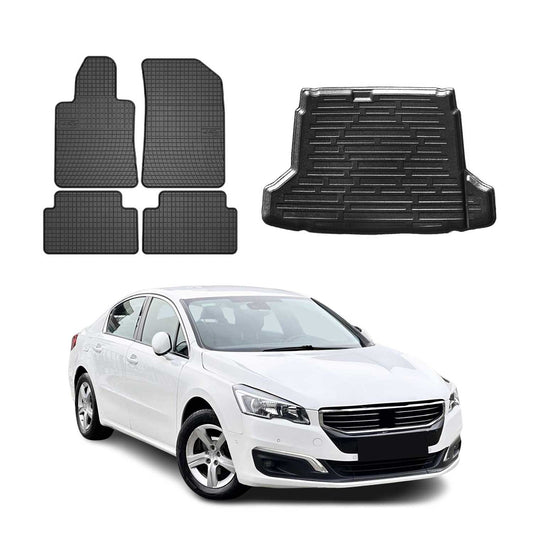 Set covorașe și tapițerie portbagaj pentru Peugeot 508 2010-2018, cauciuc TPE, negru, 5x