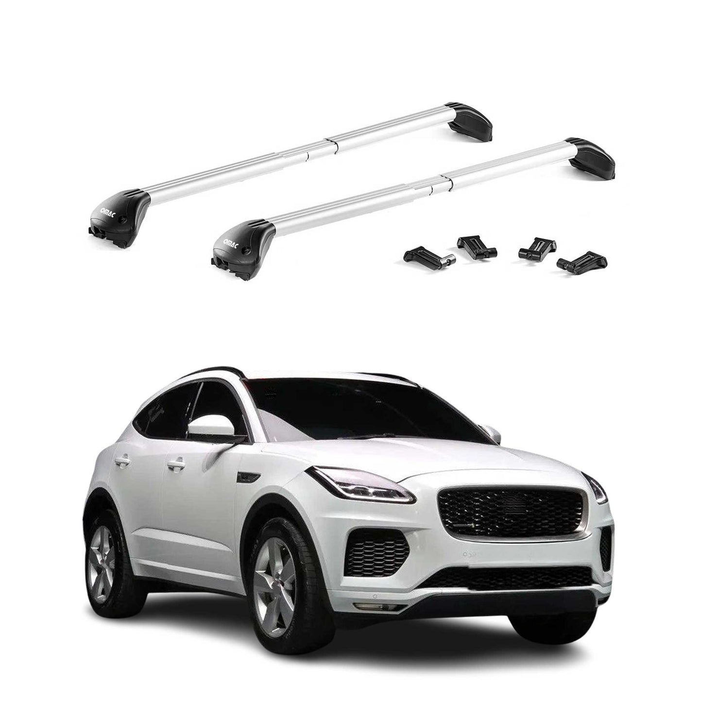 Portbagaj de plafon pentru Jaguar E-Pace 2017-2025, 100 kg, aluminiu, argintiu, 2 piese, omologat ABE