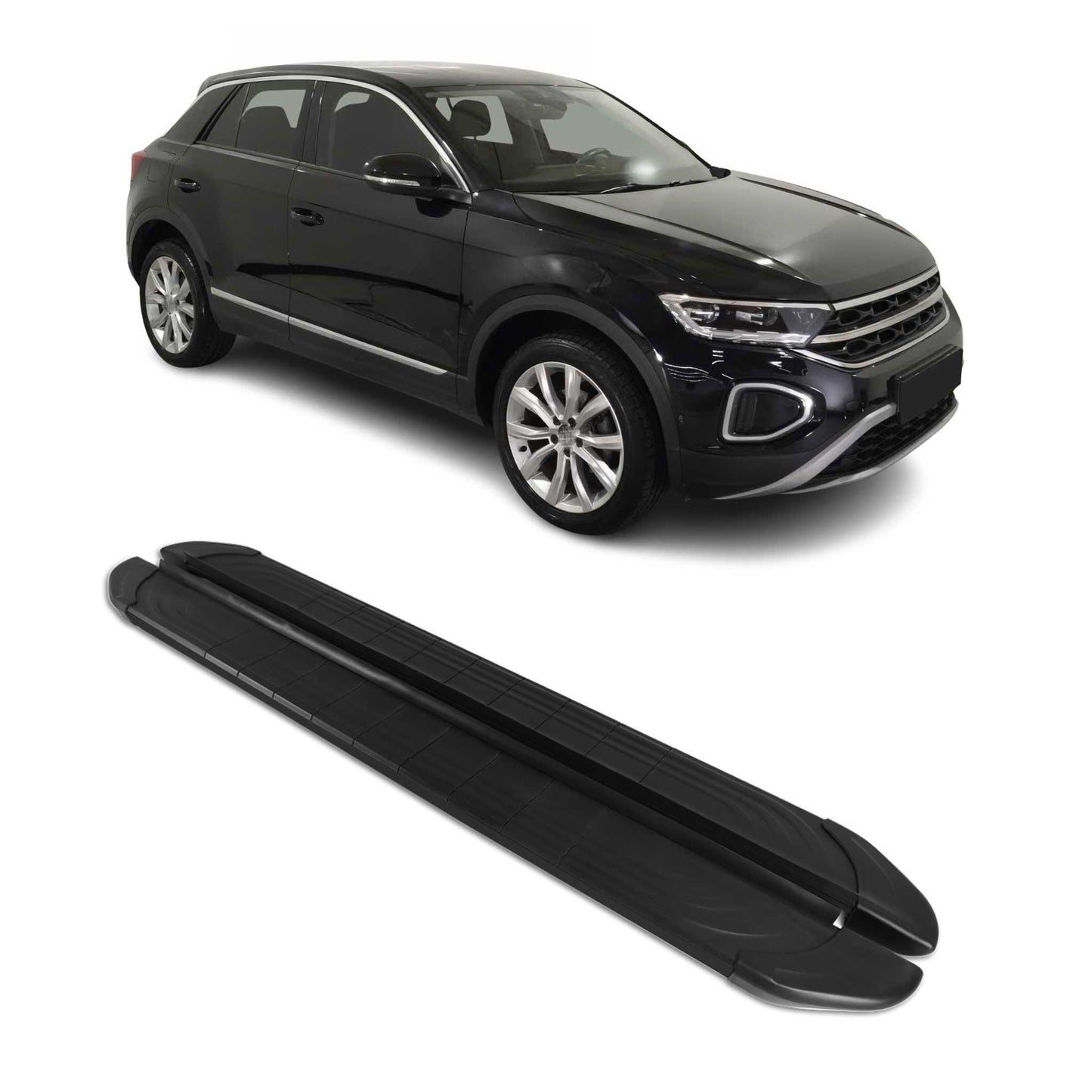 Praguri laterale/scarpe pentru VW T-Roc 2017-2025, aluminiu negru, 2 bucăți