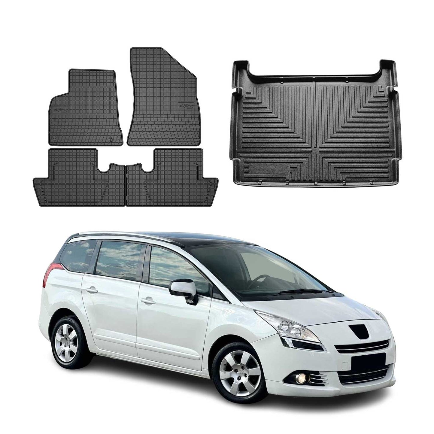 Set covorașe și portbagaj pentru Peugeot 5008 I 2010-2017, cauciuc TPE, 5x