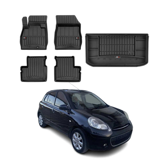 OMAC Fußmatten & Kofferraumwanne Set für Nissan Micra 2010-2017 Gummi Schwarz 5x