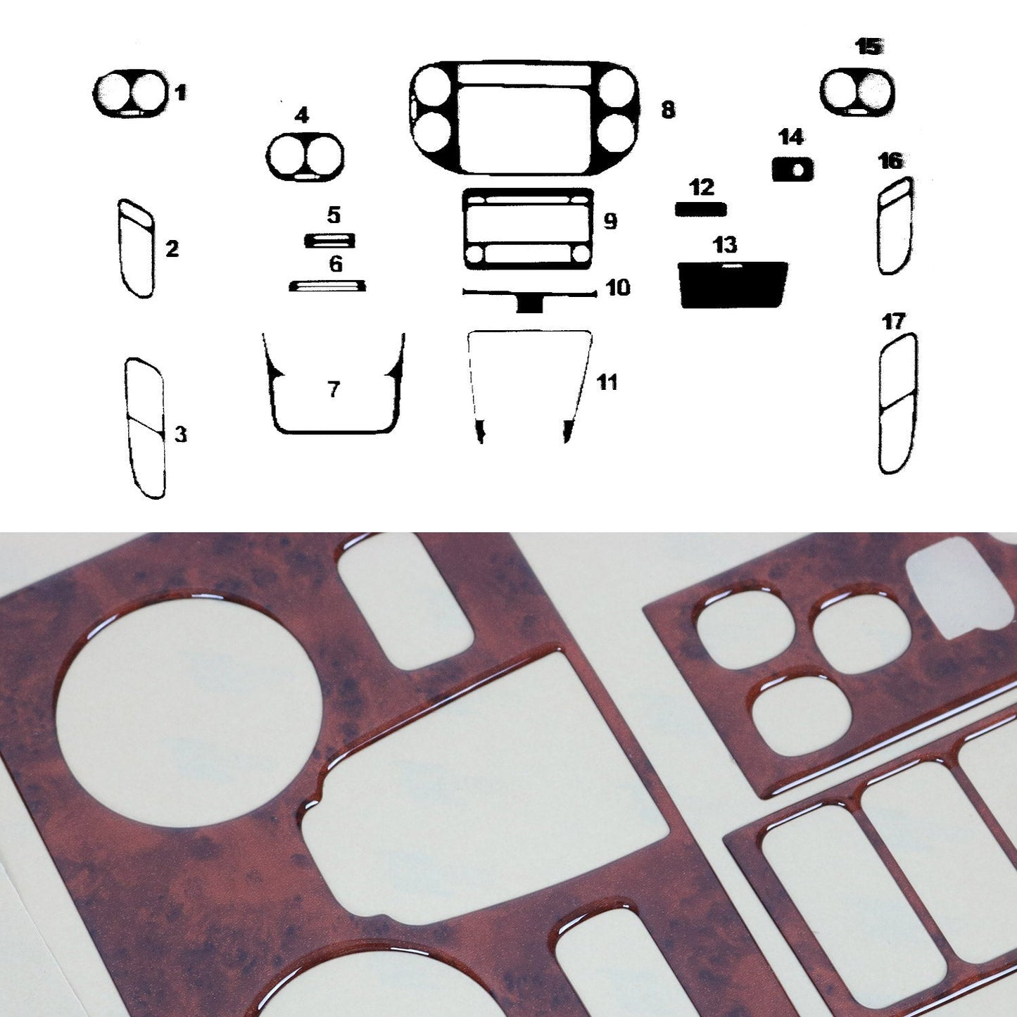 Innenraum Dekor Cockpit für VW Tiguan 2007-2011 Pre-FL Wurzelholz Optik 17tlg