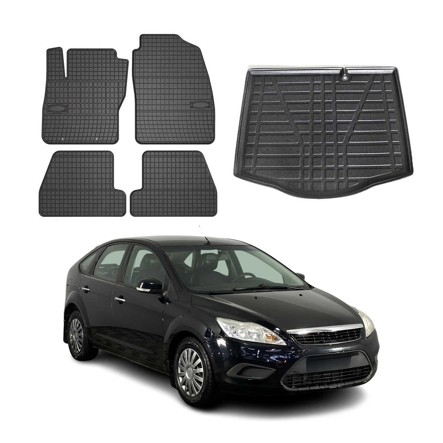 Set covorașe și portbagaj pentru Ford Focus mk2 2004-2011 cu cinci uși, cauciuc, 5x