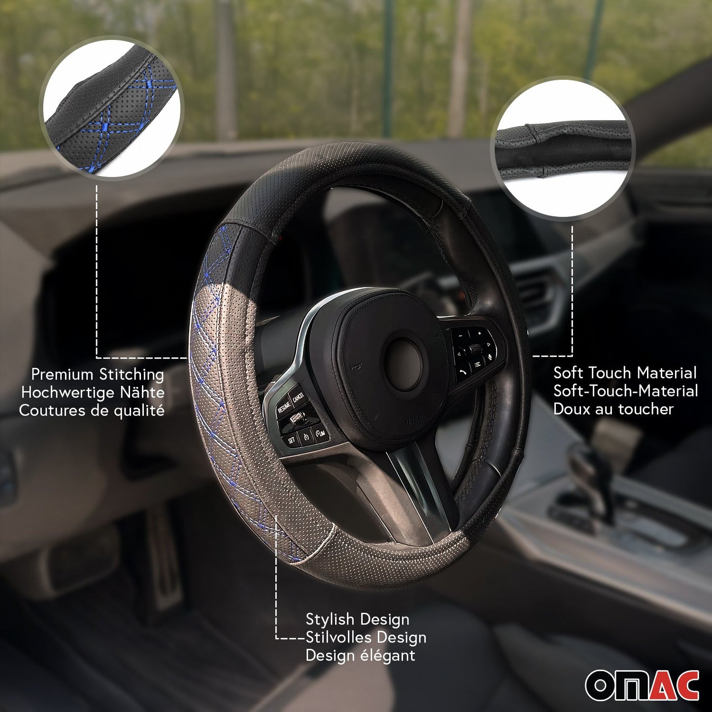 Husă volan, protecție volan, husă volan, cusături negre/albastre, Ø 38-40 cm