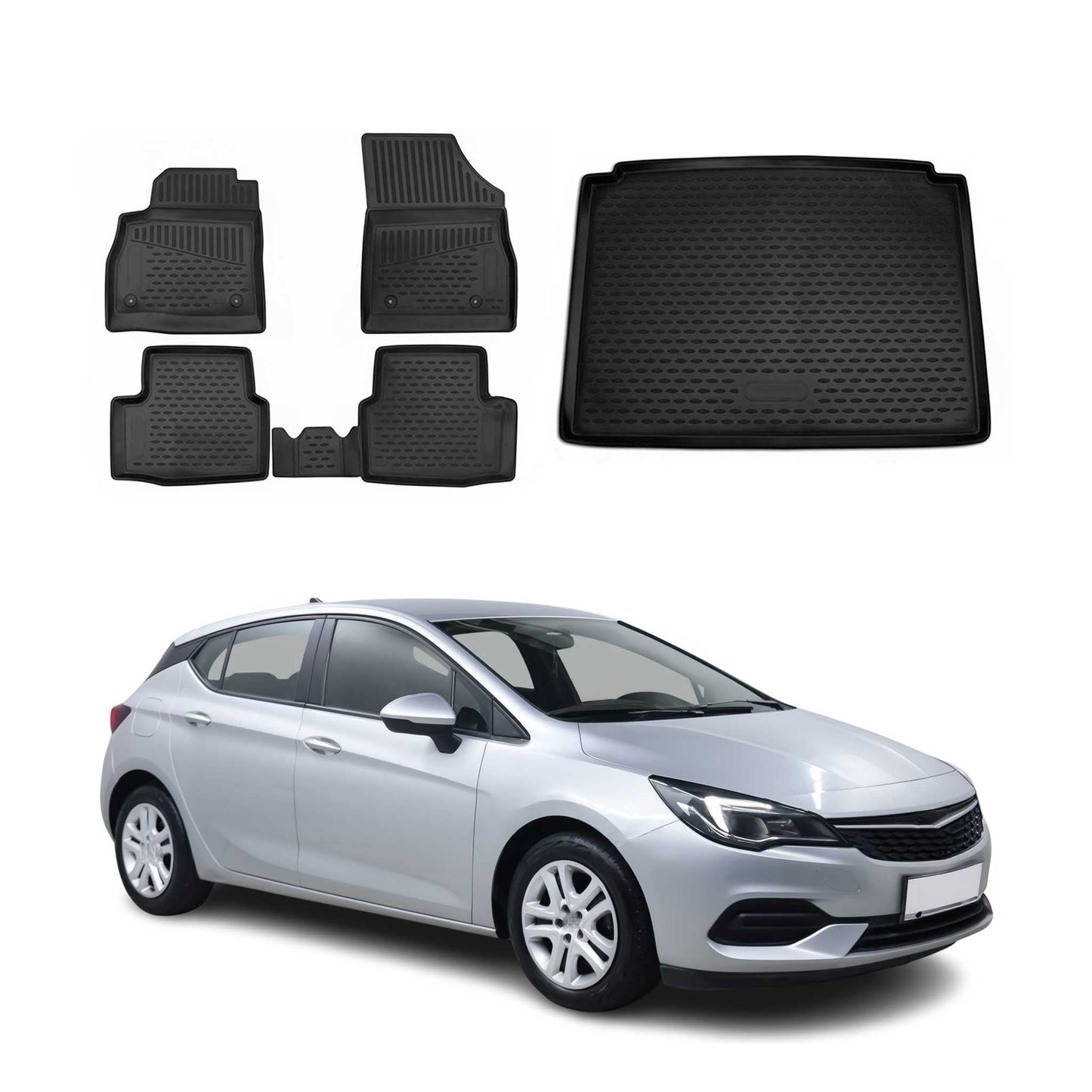 Set covorașe și portbagaj pentru Opel Astra K 2015-2021 cu 5 uși, TPE Negru