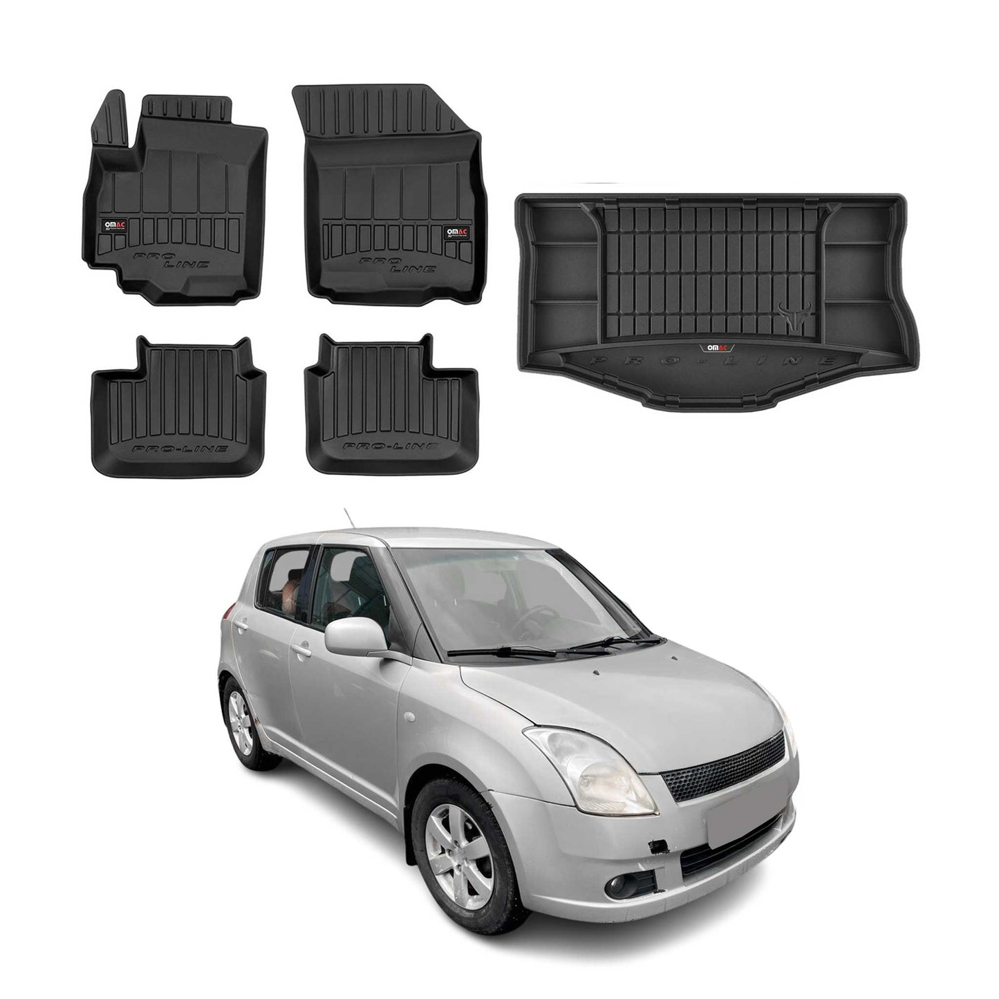 OMAC Fußmatten & Kofferraumwanne Set für Suzuki Swift 2005-2010 Gummi Schwarz 5x
