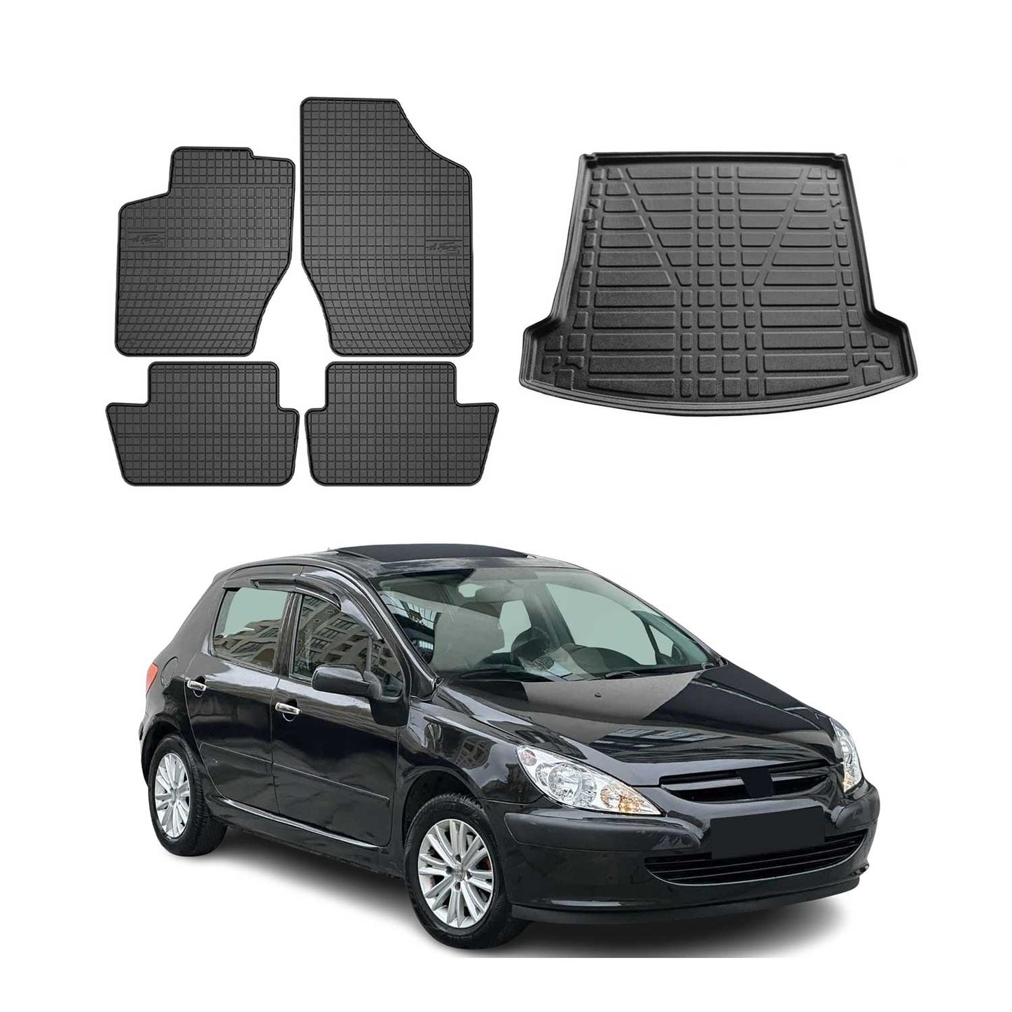 Set covorașe și tapițerie portbagaj pentru Peugeot 307 2001-2009, cauciuc TPE, negru, 5x