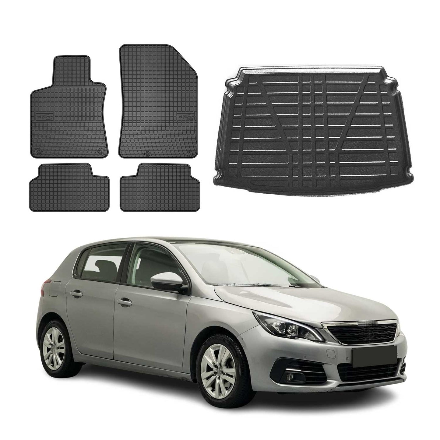 Set covorașe și tapițerie portbagaj pentru Peugeot 308 2014-2021, cauciuc TPE, negru, 5x
