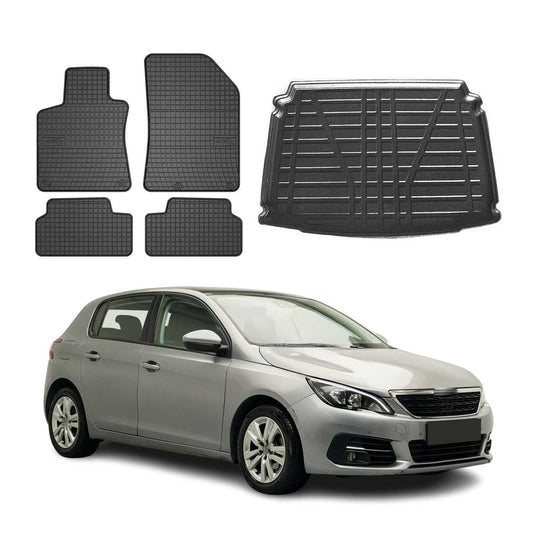 Set covorașe și tapițerie portbagaj pentru Peugeot 308 2014-2021, cauciuc TPE, negru, 5x