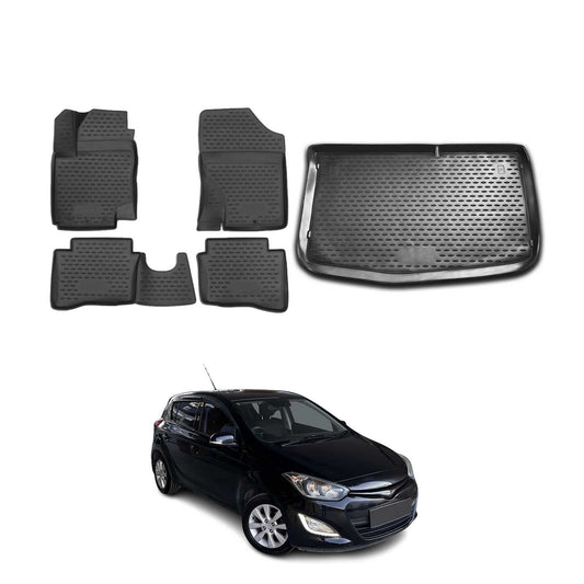 Set covorașe și portbagaj pentru Hyundai i20 2008-2014 5 uși 3D TPE Negru