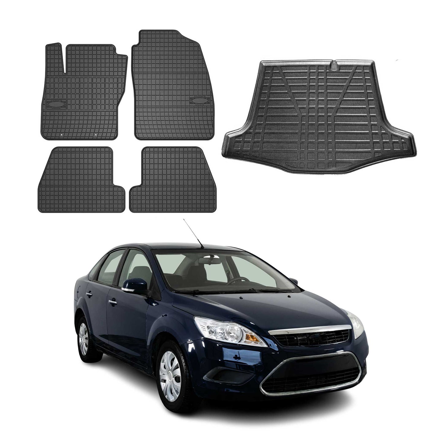 Set covorașe și portbagaj pentru Ford Focus mk2 2004-2011 Limuzină, cauciuc, 5 buc.