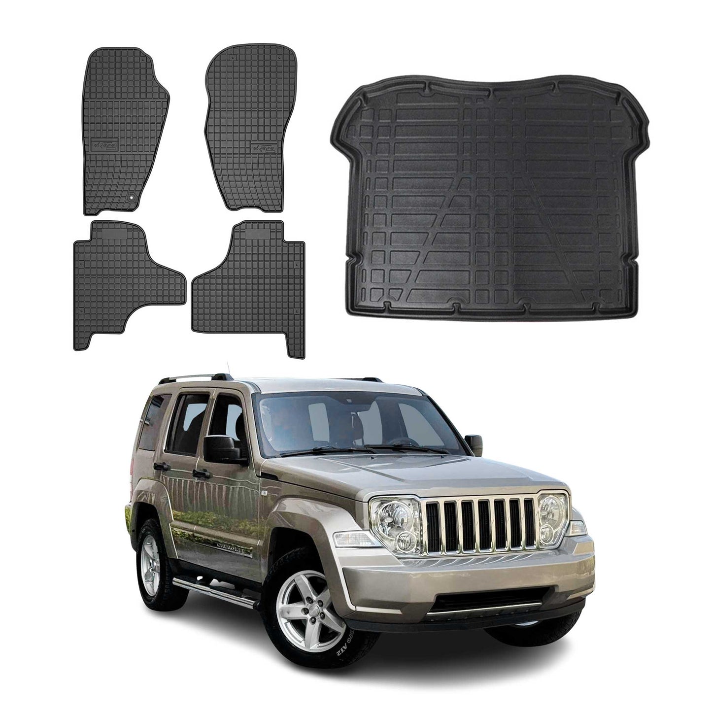 Set covorașe și tapițerie portbagaj pentru Jeep Cherokee 2007-2013, cauciuc, negru, 5 buc.